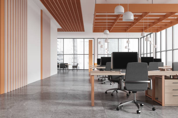 istock Stylish office interior with coworking and meeting space, panoramic window 2173778399