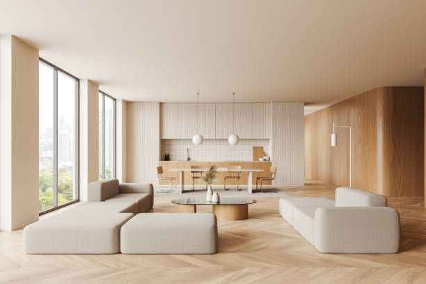 istock Beige home interior with relaxing and dining zone, panoramic window 2173778537