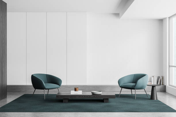 istock Minimalist home living room interior with armchairs and panoramic window 2173778873