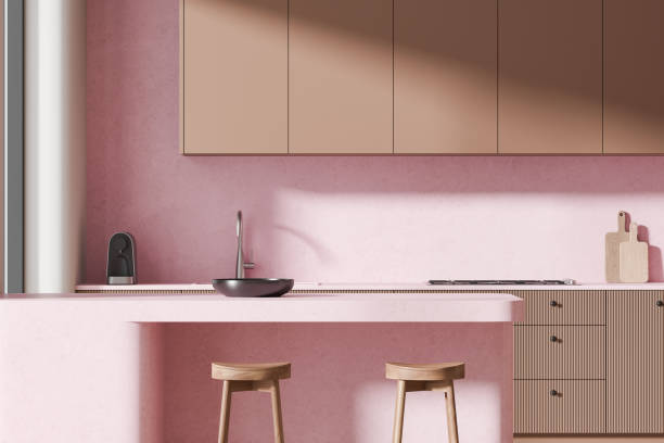 istock Colored home kitchen interior with bar counter, shelves and kitchenware 2173778915