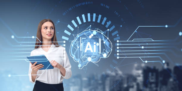 istock Woman holding tablet with AI graphics and technology icons on bl 2173778972