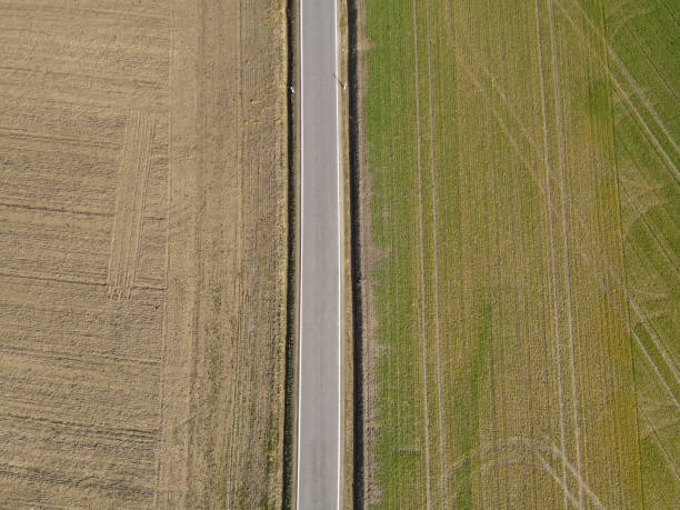 istock Aerial view of a road between farm fields in spring 2173781631