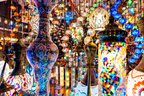 Colored Intricate Lighting Lamps and Lights - Lamps of different shapes and colors in one place.Colorful display with light patterns of crystal and glass.