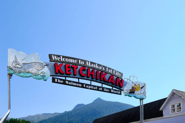 Ketchikan, Alaska -- August 8, 2024: Ketchikan welcome sign stretches across Mission Street.