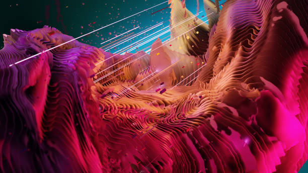 The image showcases an abstract landscape, where vibrant waves of pink and purple flow seamlessly, creating a rich, textured surface. Striking white lines slice through the composition, introducing a dynamic sense of movement and depth.