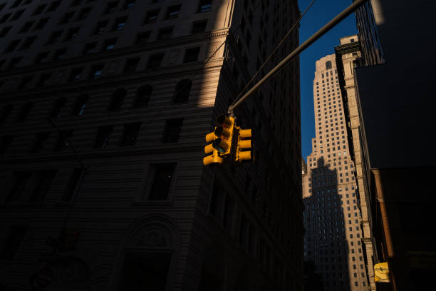 New York city Manhattan downtown traffic light American flag on building
