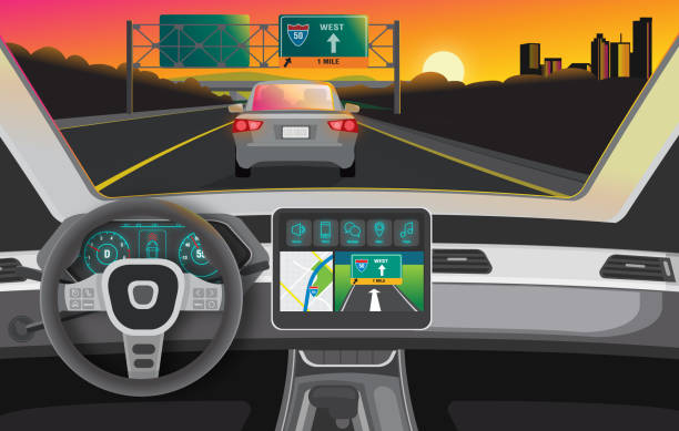 stockillustraties, clipart, cartoons en iconen met modern car interior with navigation system driving on a highway with sun setting - stuur auto