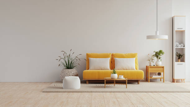 istock Mockup wall in cozy living room features a yellow couch and modern decor- 3D rendering 2173826286