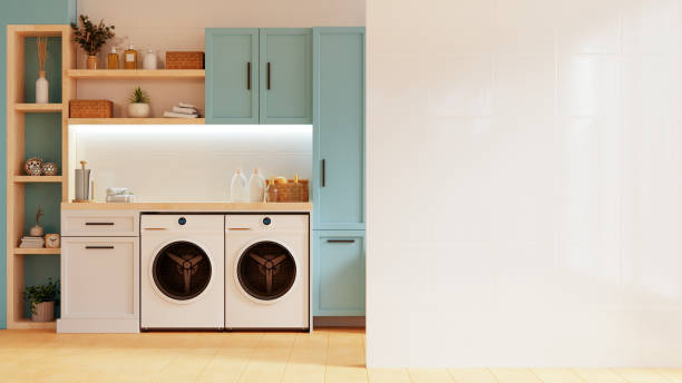 istock Mockup wall in a laundry room against a pastel blue wall background- 3D rendering 2173826314