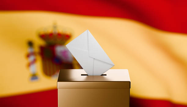 Envelope entering gold ballot box with a Spanish flag in the background