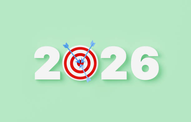 istock Year 2026 with a Bulls eye and 3 arrows on light green background 2173828892