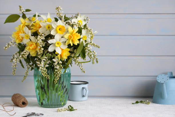 istock rural tabletop still life with garden daffodils and a blue enameled mug. yellow daffodils, white bird cherry. copy space. 2173829706