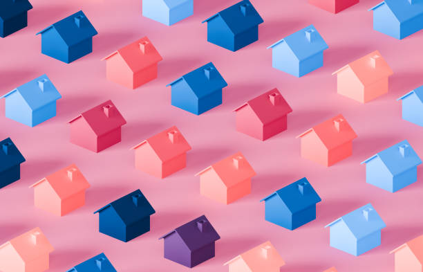 A grid pattern of house symbols in various pastel colors is displayed against a soft pink background. This vibrant design symbolizes community and the diversity of homeownership. The pastel hues create a playful and inviting atmosphere, while the pink backdrop adds warmth. This imagery emphasizes themes of housing, stability, and the emotional significance of home, inviting reflections on the importance of diverse living environments and the collective value of community in achieving financial security.