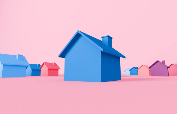 istock Pastel colored house symbol with down low and wide angel view 2173838453