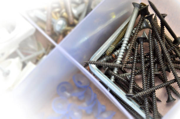 Several black colored long assorted gypsum and steel screws, segregated knick knack scattered randomly in a compartment of clear transparent partitioned plastic box. Apt for DIY, crafts, repairs, home improvement, construction industry backdrops, wallpapers, posters.