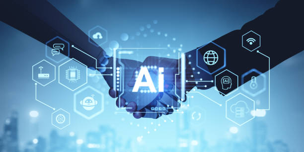 istock Human and robot handshake, AI chip hologram and futuristic technologies icons 2173864904