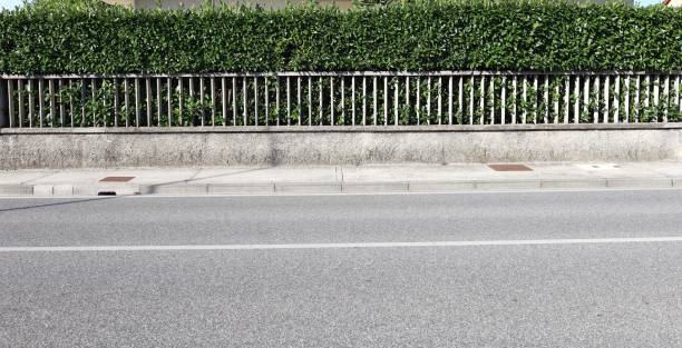 istock House fence consisting by a long  wall with concrete railing. Hedge on behind. Cement sidewalk and asphalt street in front 2173864971