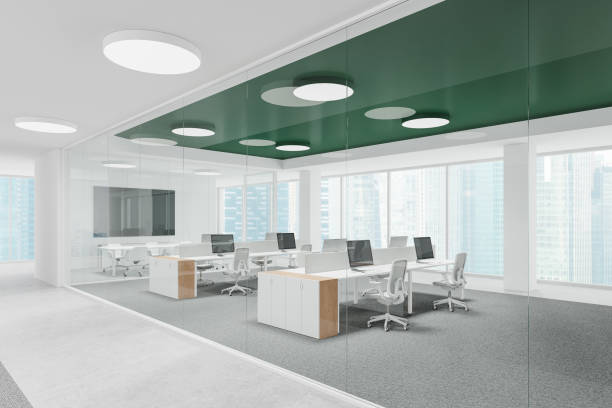 istock White office interior with coworking and conference room, panoramic window 2173865004