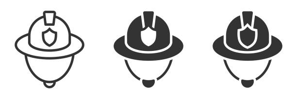 Vector icons of firefighter helmets with a shield symbol, representing safety, rescue, and emergency services. Vector icons of firefighter helmets with a shield symbol, representing safety, rescue, and emergency services fire hat stock illustrations