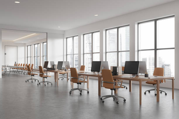 istock Office interior with conference and coworking space, panoramic window 2173865188