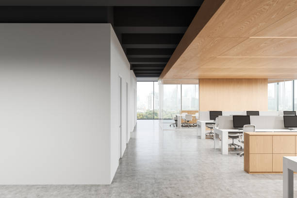 istock Modern open-office space with city view and wooden accents. 3D Rendering 2173865379