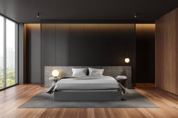 istock Modern minimalistic bedroom interior design with city view. 3D Rendering 2173865619