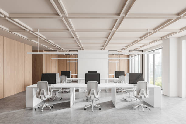 istock Modern open space office with white desks and chairs. 3D Rendering 2173866161