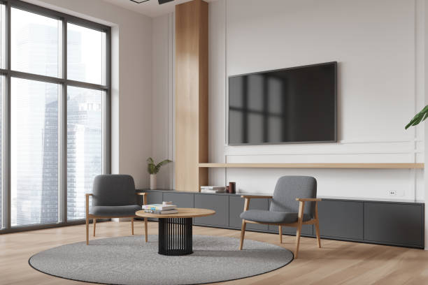 istock Modern living room with wooden floor and large windows. 3D Rendering 2173866209