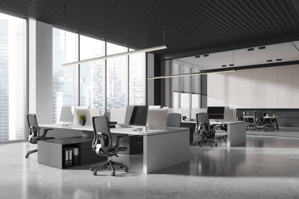 istock Dark office interior with coworking and conference space, panoramic window 2173866289