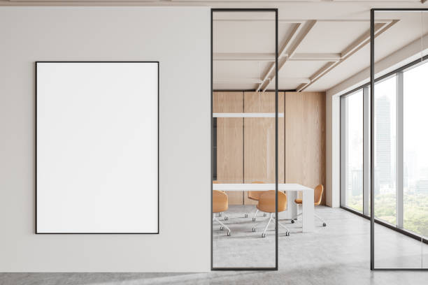 istock Modern business interior with meeting room with window. Mockup frame 2173866291