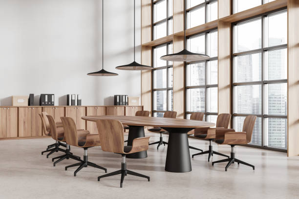 istock Modern conference room with wooden interior design. 3D Rendering 2173866297