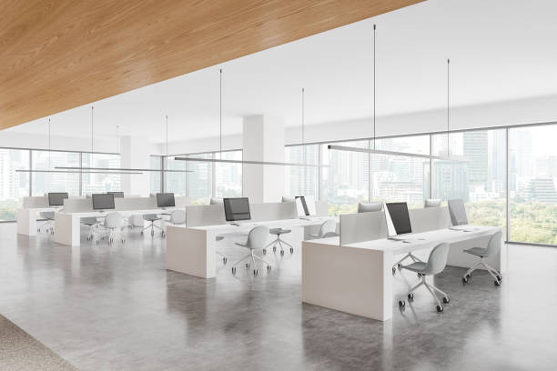 istock Modern open space office interior with large windows and cityscape view. 3D Rendering 2173866405