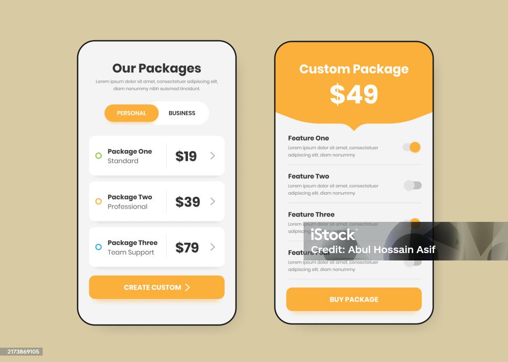 Subscription Package Include Subscription Pricing And Custom Package Screen Mobile App Ui Design ...