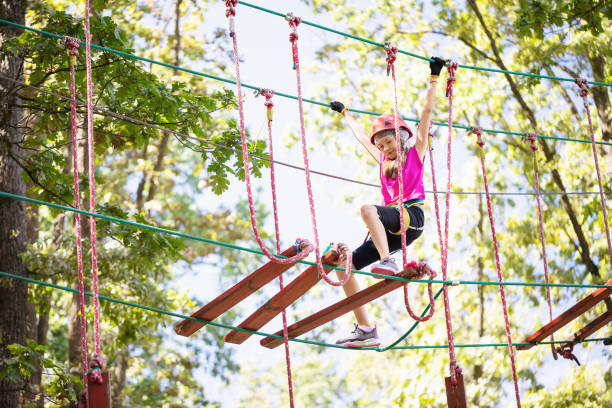 istock Child concentrated on an obstacle course on ropes in a rope amusement park, girl practices extreme sports on a sunny day 2173870821