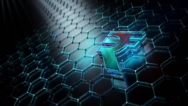 istock Rupee symbol on futuristic hexagon background. Digital network connection and data transfers with defocused lights. 2173872858