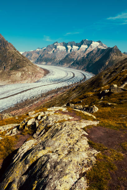 View along the curve of the Aletsch Glacier from the trail between Bettmeralp to Marjelen in the Valais district of Switzerland.