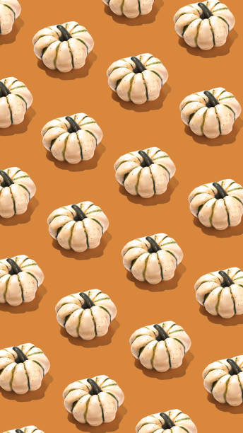 Pattern of white pumpkins on orange background vertical banner