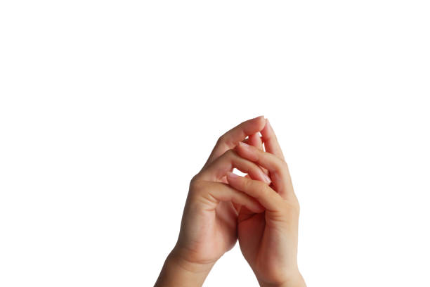 The fingers forming a connection with the index, middle, and thumb joined together create a symbolic gesture against a clean white background.
