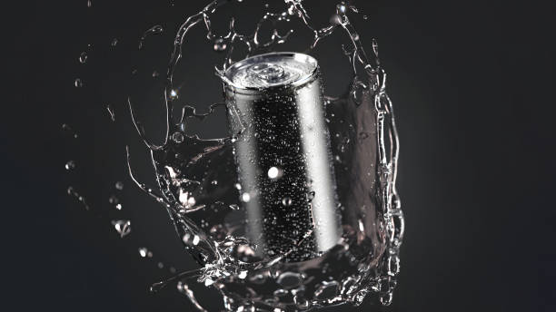istock Black 280 ml soda can with drops splash mockup, depth of field 2173887118