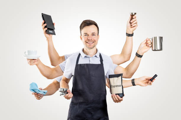 istock Barista with Multiple Arms Holding Espresso Equipment 2173887318