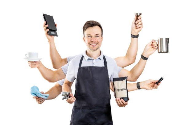Barista with Multiple Arms Holding Espresso Equipment Isolated from Background