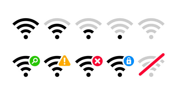 Wi-Fi symbol. Full and weak signal indicators, symbols for searching, warnings, errors, security, and no connection. A collection of Wi-Fi icons representing various signal strengths and connection statuses. Full and weak Wifi signal indicators, symbols for searching, warnings, errors, security, and no connection. poor signal stock illustrations