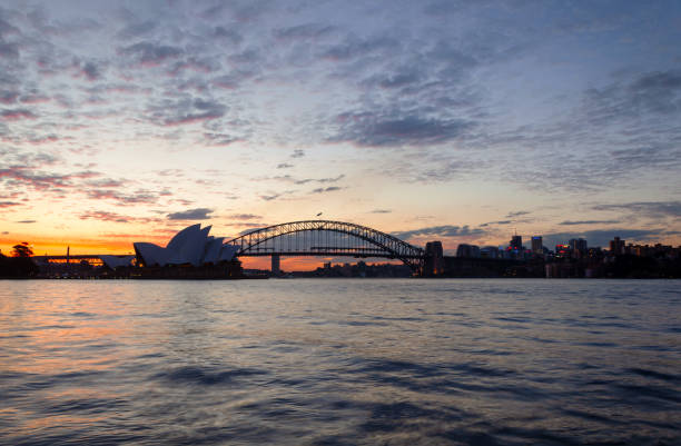Sydney, Australia - August 20, 2009: Evening descends upon Sydney, and the twin icons of Sydney Harbour, the Opera House and the Harbour Bridge, stand out against a dramatic sky.