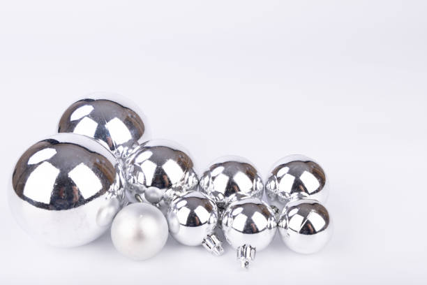 istock Silver holiday ornaments in different sizes displayed on a white backdrop, perfect for modern Christmas décor concepts 2173892787