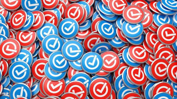 istock Red and blue check mark background. Approved, vote symbol. Correct choice 3d illustration. 2173896845