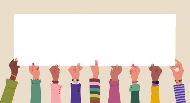 Many multiracial hands holding long blank banner. Many multiracial hands holding long blank banner. Hand drawn vector illustration isolated on light background. Flat cartoon style. teamwork slogan stock illustrations