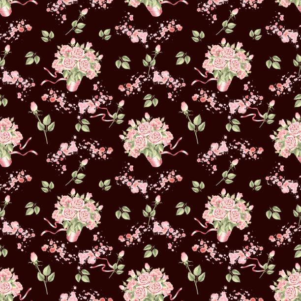 istock Roses flowers and buds pink with green leaves. Seamless pattern on dark background. Hand drawn watercolor illustration. Garden plant. Natural floral template for cover, wrapping, scrapbooking, textile 2173898378