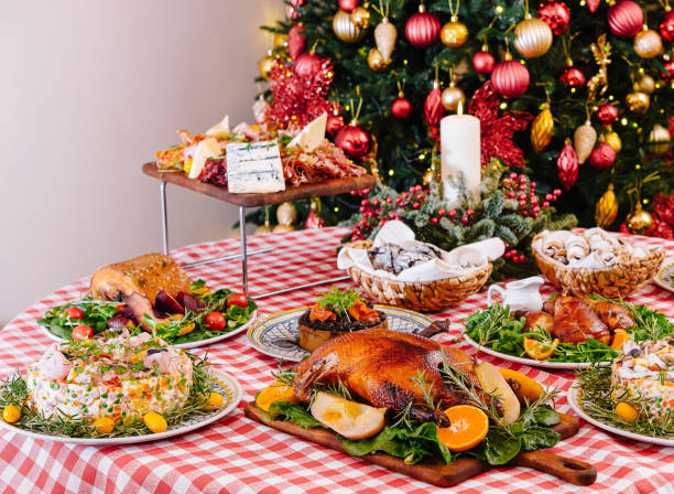 istock Festive holiday dinner table setting with roast and sides 2173901658