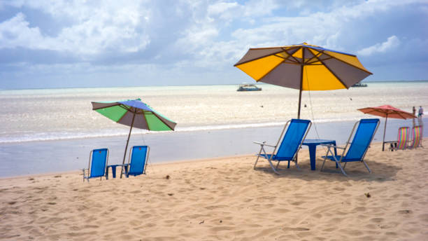 istock beach scene, waterfront with chairs and umbrella 2173908916