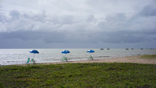 istock beach scene, waterfront with chairs and umbrella 2173908945